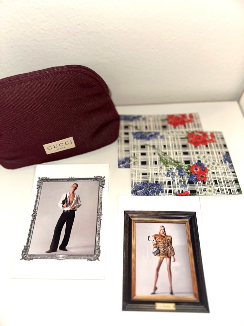 GUCCI Burgundy Cosmetic Case & Postcard Bundle